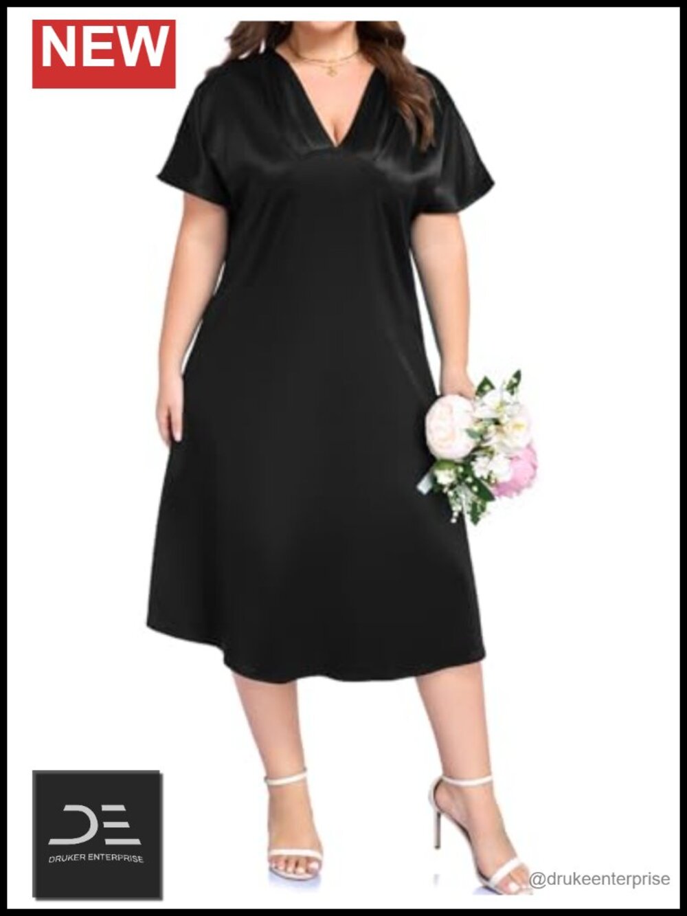 Plus Size Satin Midi Dress V Neck Empire Waist Formal Cocktail